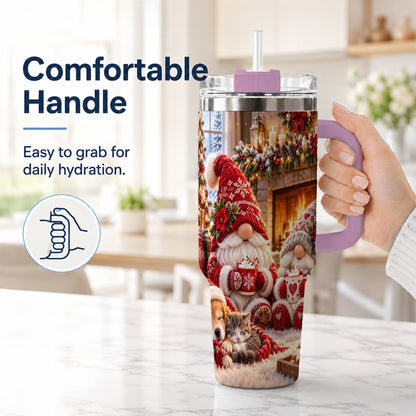 #pl[40oz|Pink] Cozy Christmas Gnome 40oz Tumbler with Handle, Fireplace Travel Cup