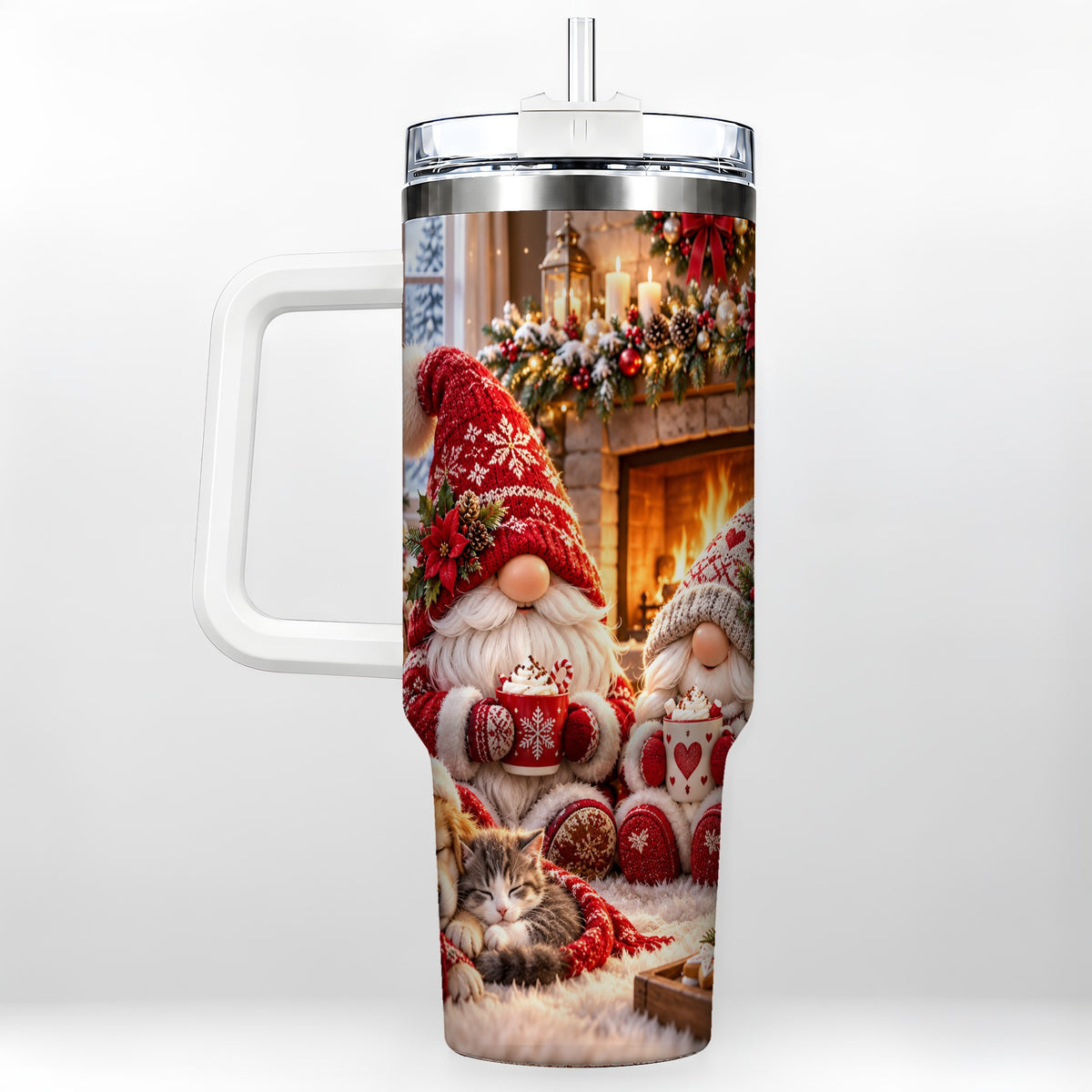 Cozy Christmas Gnome 40oz Tumbler with Handle, Fireplace Travel Cup