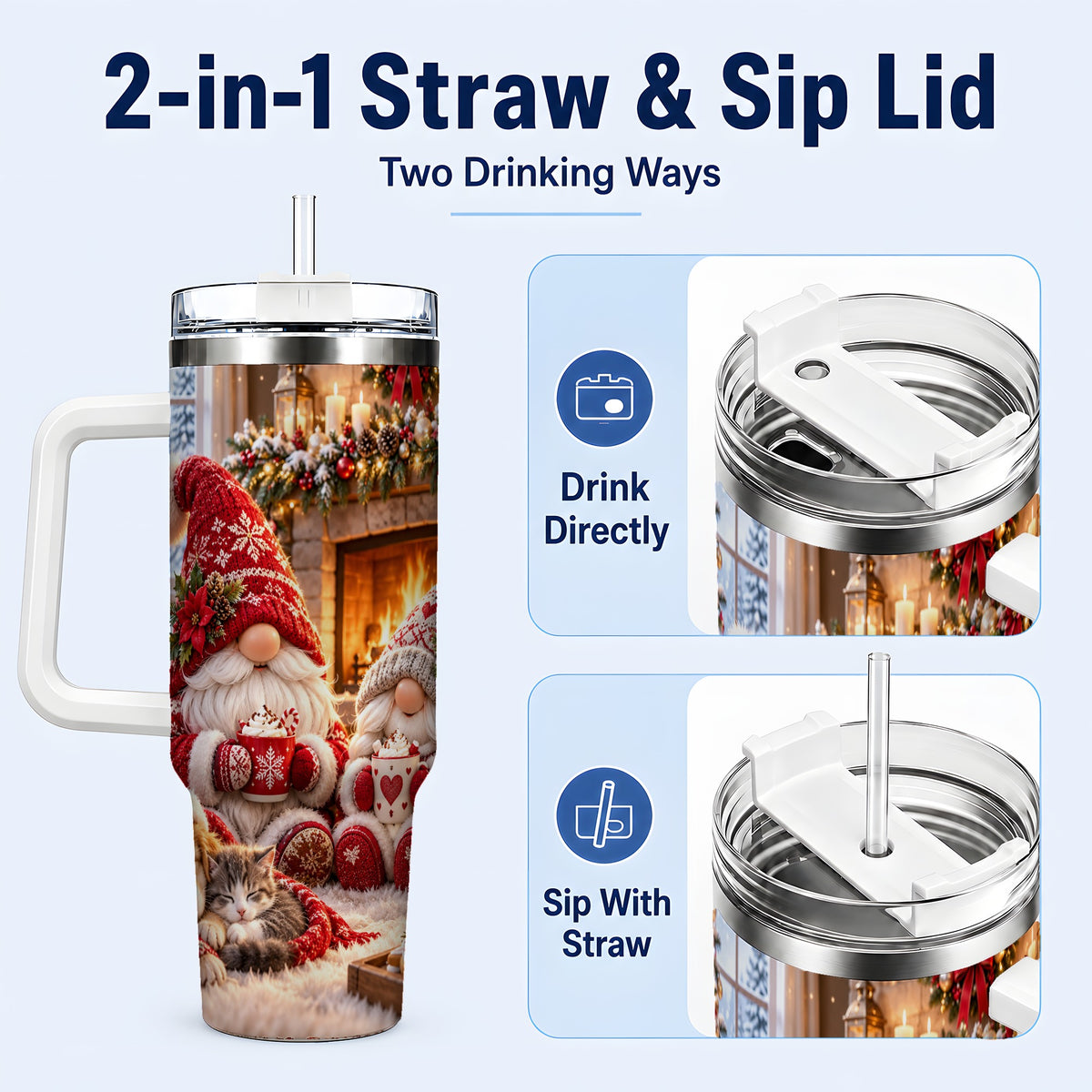 #pl[40oz|White] Cozy Christmas Gnome 40oz Tumbler with Handle, Fireplace Travel Cup