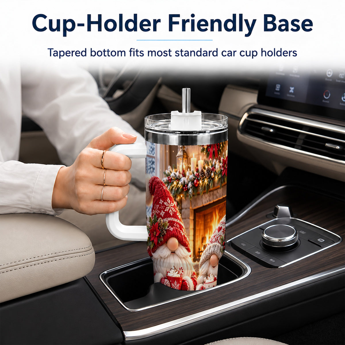Cozy Christmas Gnome 40oz Tumbler with Handle, Fireplace Travel Cup