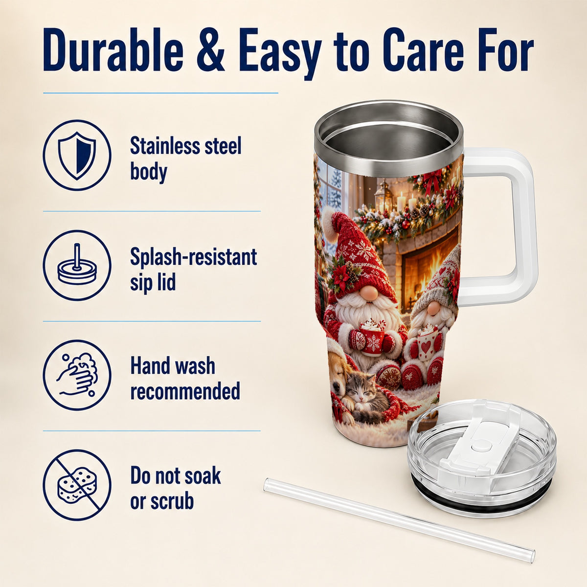 Cozy Christmas Gnome 40oz Tumbler with Handle, Fireplace Travel Cup