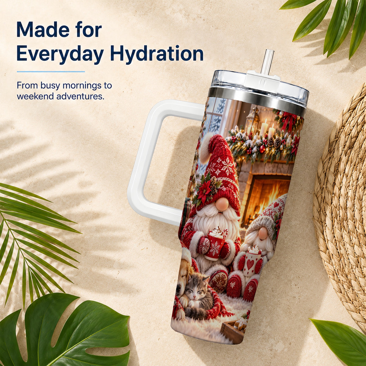 Cozy Christmas Gnome 40oz Tumbler with Handle, Fireplace Travel Cup