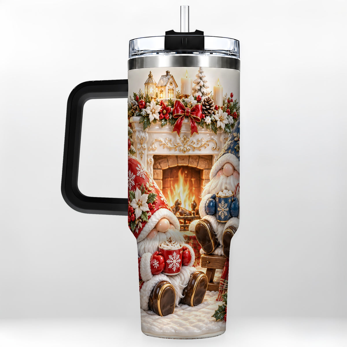 #pl[40oz|Black] Christmas Gnome 40oz Tumbler with Handle, Holiday Fireplace Travel Cup