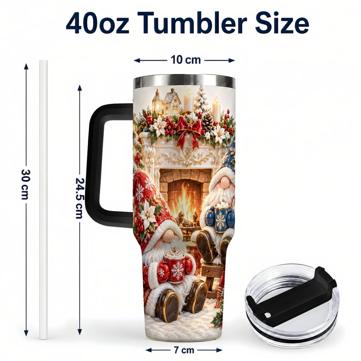 #pl[40oz|Black] Christmas Gnome 40oz Tumbler with Handle, Holiday Fireplace Travel Cup