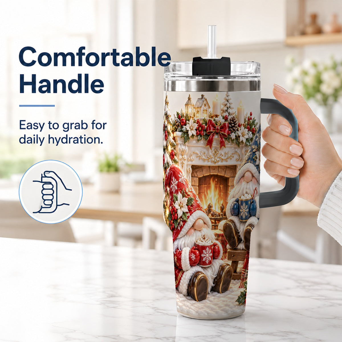 #pl[40oz|Black] Christmas Gnome 40oz Tumbler with Handle, Holiday Fireplace Travel Cup