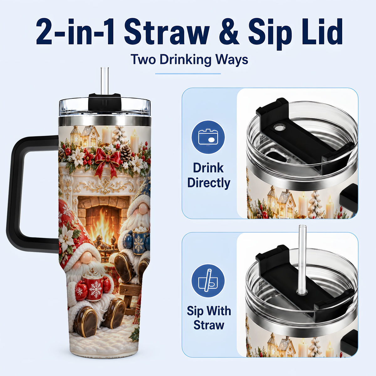 #pl[40oz|Black] Christmas Gnome 40oz Tumbler with Handle, Holiday Fireplace Travel Cup