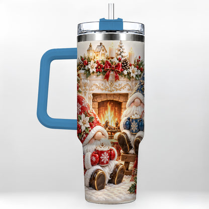 #pl[40oz|Blue] Christmas Gnome 40oz Tumbler with Handle, Holiday Fireplace Travel Cup