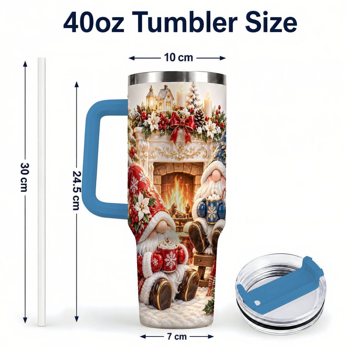 #pl[40oz|Blue] Christmas Gnome 40oz Tumbler with Handle, Holiday Fireplace Travel Cup