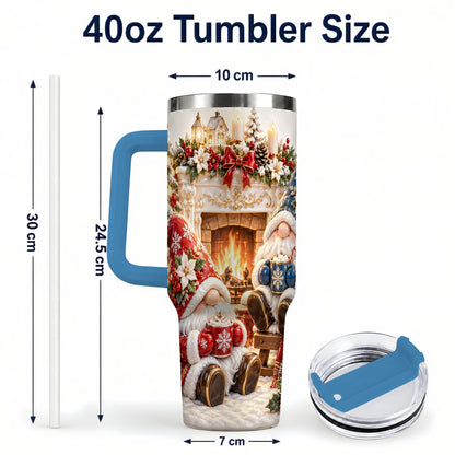 #pl[40oz|Blue] Christmas Gnome 40oz Tumbler with Handle, Holiday Fireplace Travel Cup