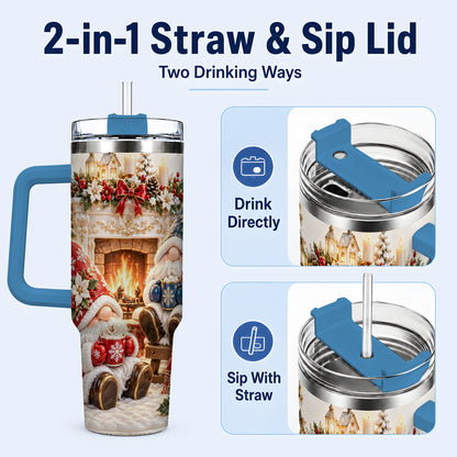 #pl[40oz|Blue] Christmas Gnome 40oz Tumbler with Handle, Holiday Fireplace Travel Cup