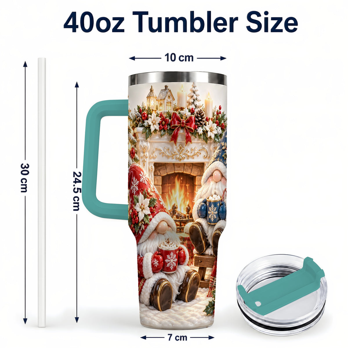 #pl[40oz|Green] Christmas Gnome 40oz Tumbler with Handle, Holiday Fireplace Travel Cup