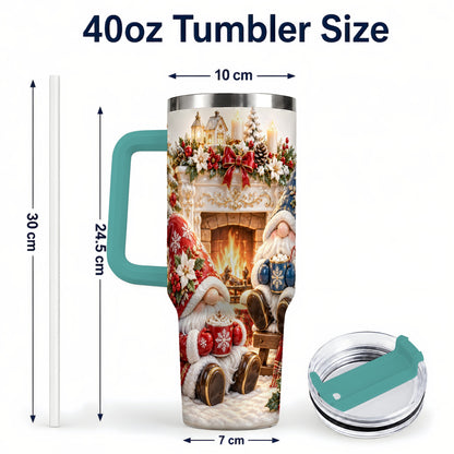 #pl[40oz|Green] Christmas Gnome 40oz Tumbler with Handle, Holiday Fireplace Travel Cup