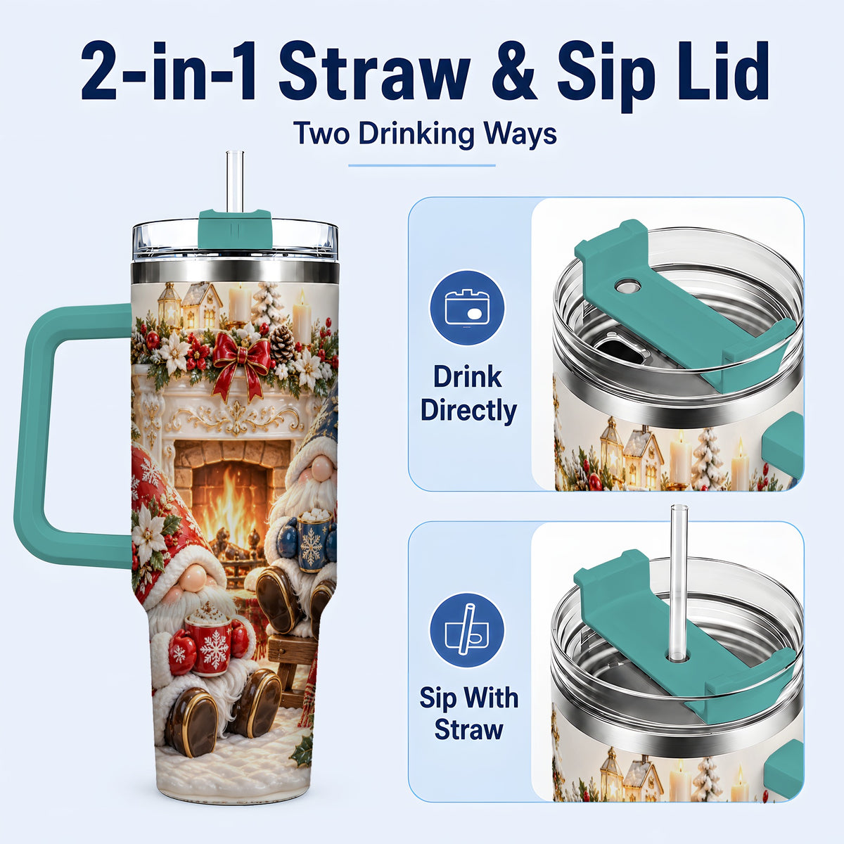 #pl[40oz|Green] Christmas Gnome 40oz Tumbler with Handle, Holiday Fireplace Travel Cup