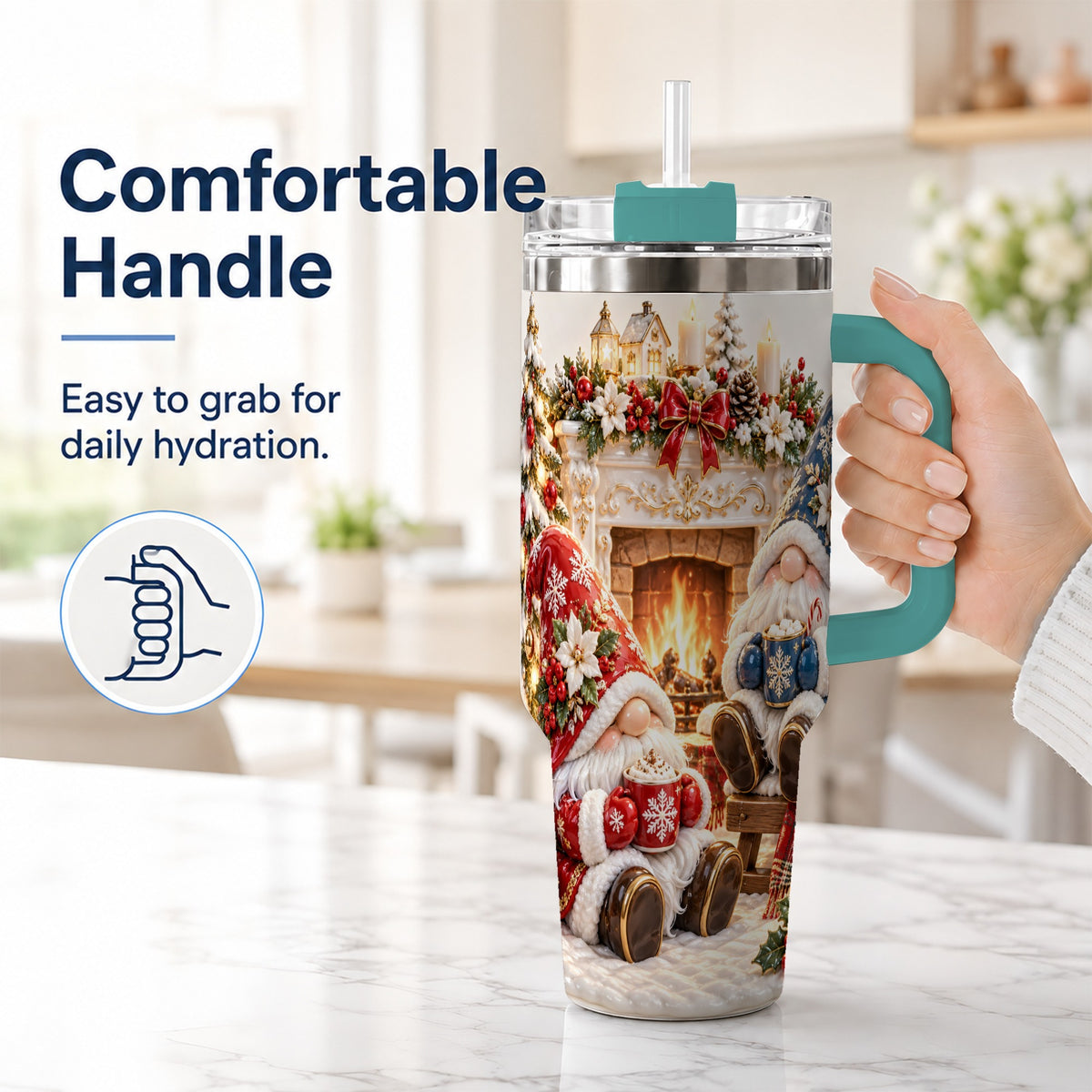 #pl[40oz|Green] Christmas Gnome 40oz Tumbler with Handle, Holiday Fireplace Travel Cup