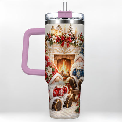 #pl[40oz|Pink] Christmas Gnome 40oz Tumbler with Handle, Holiday Fireplace Travel Cup