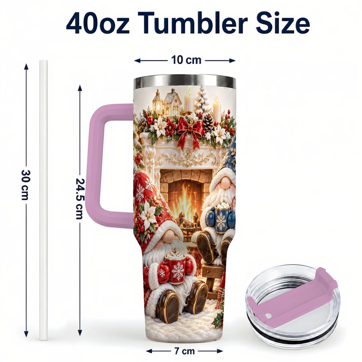 #pl[40oz|Pink] Christmas Gnome 40oz Tumbler with Handle, Holiday Fireplace Travel Cup