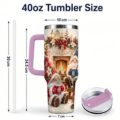 #pl[40oz|Pink] Christmas Gnome 40oz Tumbler with Handle, Holiday Fireplace Travel Cup