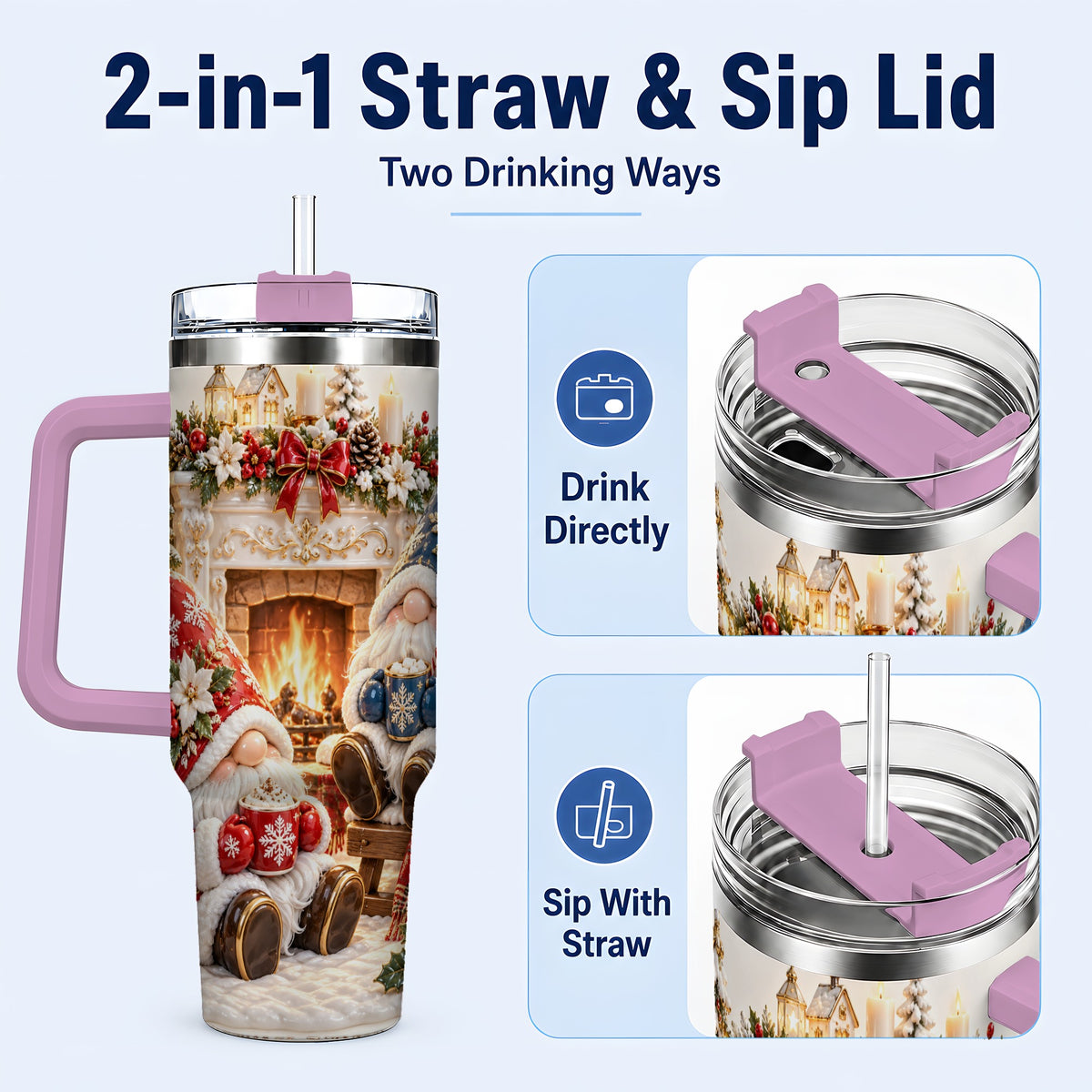#pl[40oz|Pink] Christmas Gnome 40oz Tumbler with Handle, Holiday Fireplace Travel Cup