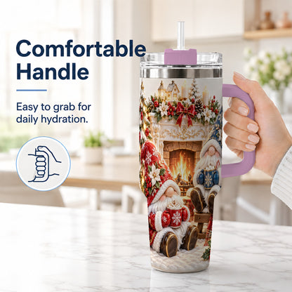 #pl[40oz|Pink] Christmas Gnome 40oz Tumbler with Handle, Holiday Fireplace Travel Cup