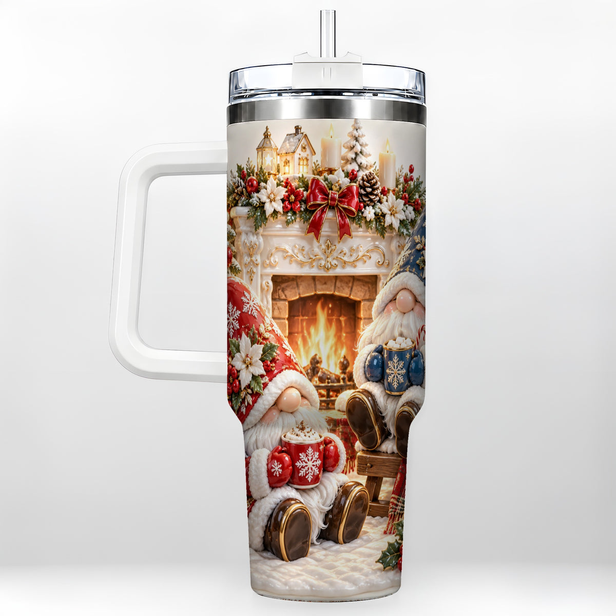 Christmas Gnome 40oz Tumbler with Handle, Holiday Fireplace Travel Cup