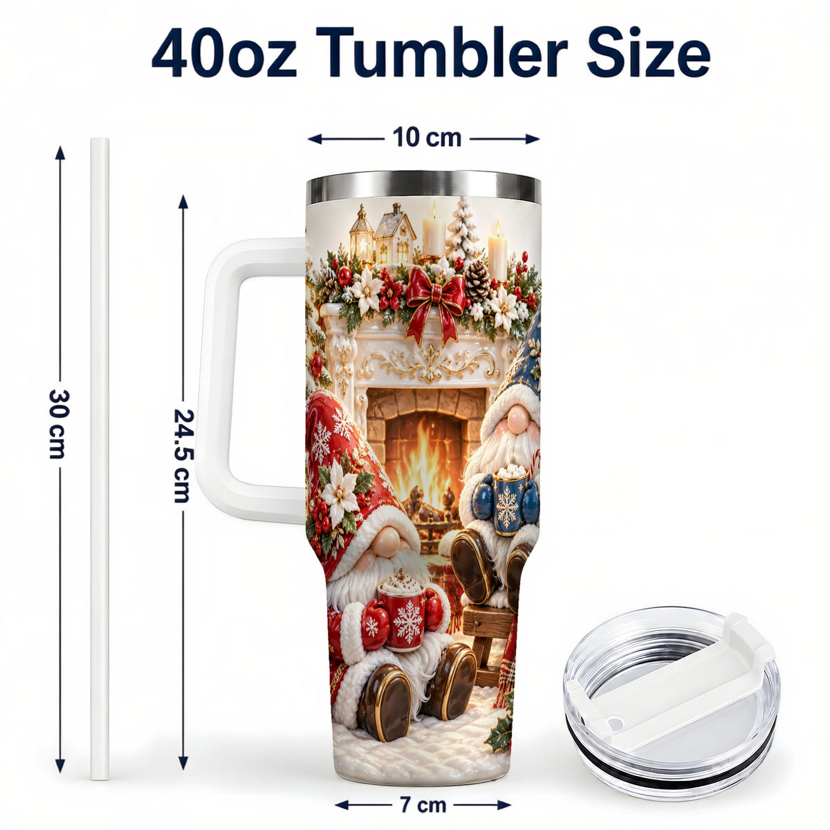 #pl[40oz|White] Christmas Gnome 40oz Tumbler with Handle, Holiday Fireplace Travel Cup