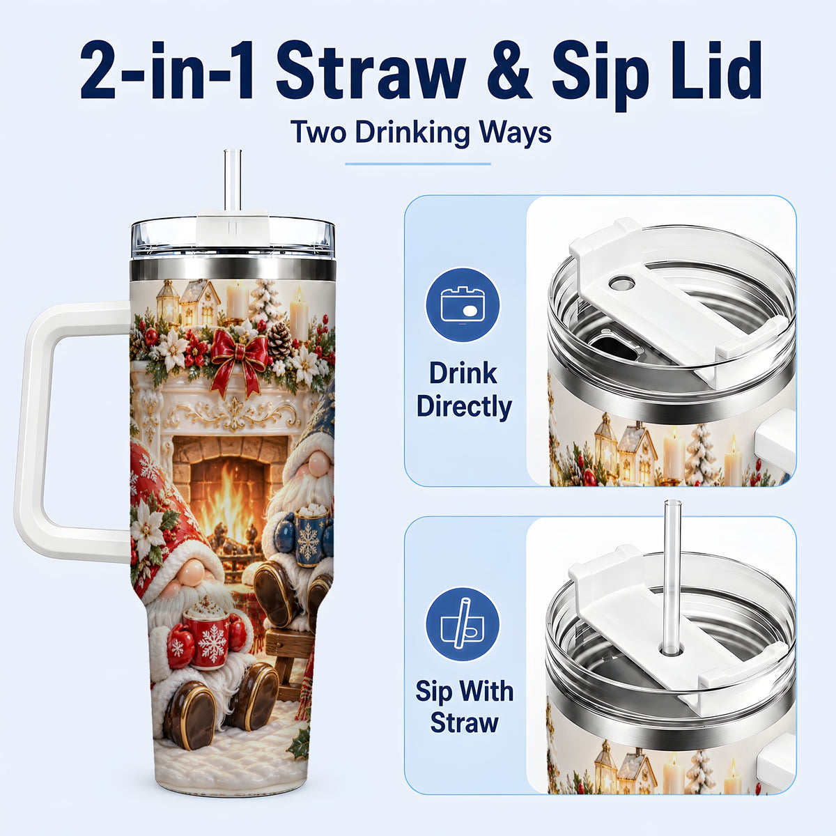 #pl[40oz|White] Christmas Gnome 40oz Tumbler with Handle, Holiday Fireplace Travel Cup