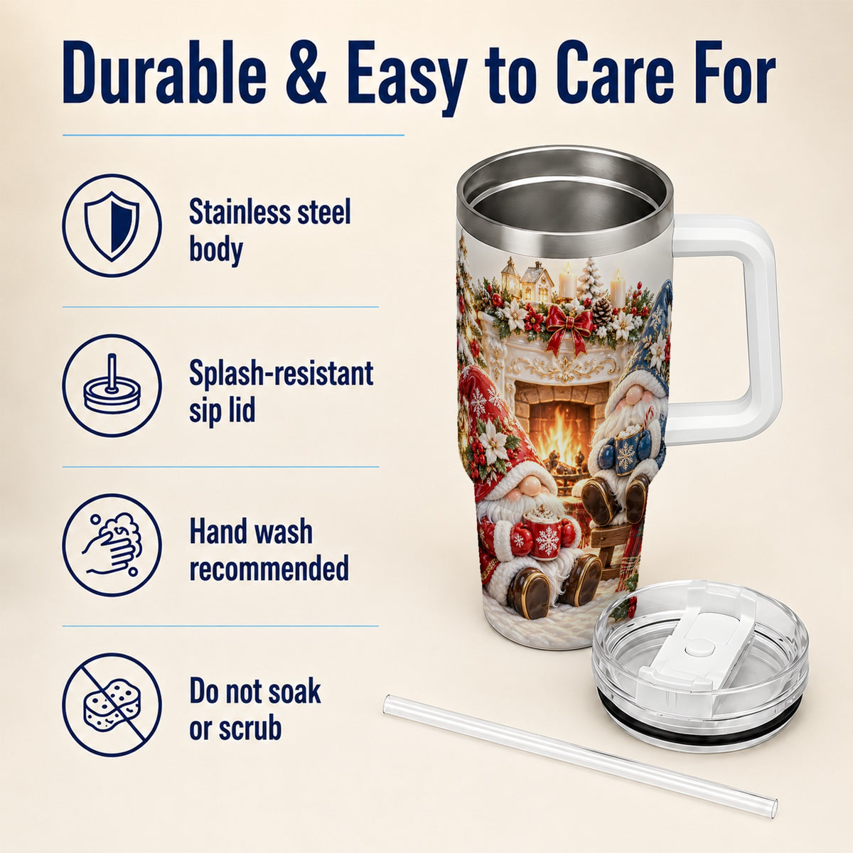 Christmas Gnome 40oz Tumbler with Handle, Holiday Fireplace Travel Cup