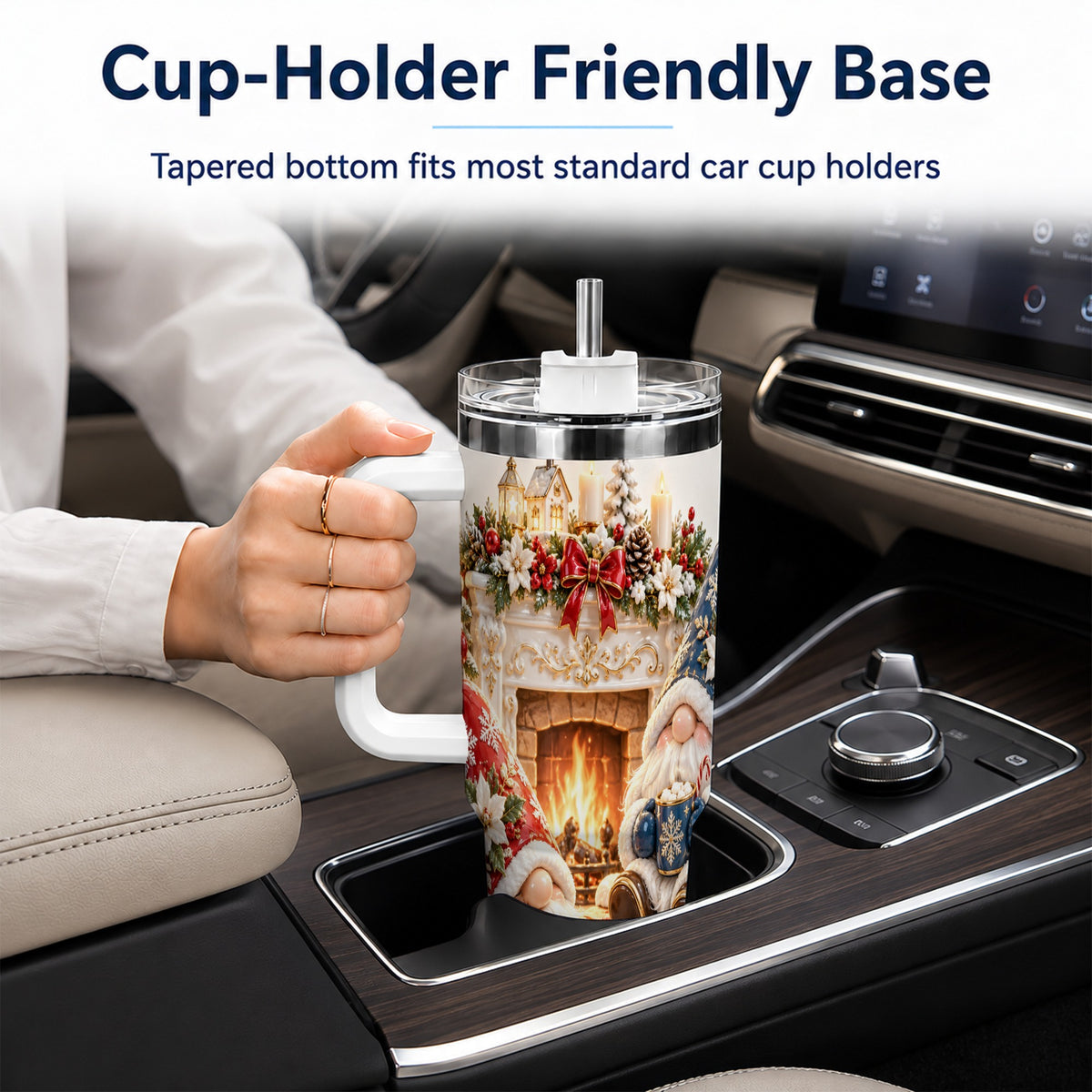 Christmas Gnome 40oz Tumbler with Handle, Holiday Fireplace Travel Cup