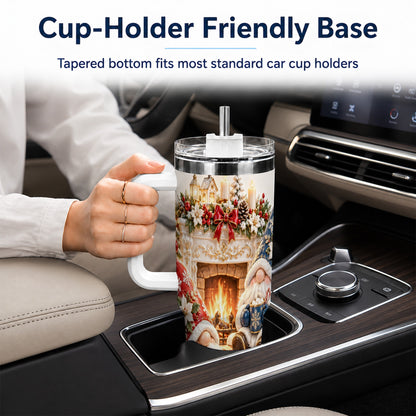 Christmas Gnome 40oz Tumbler with Handle, Holiday Fireplace Travel Cup