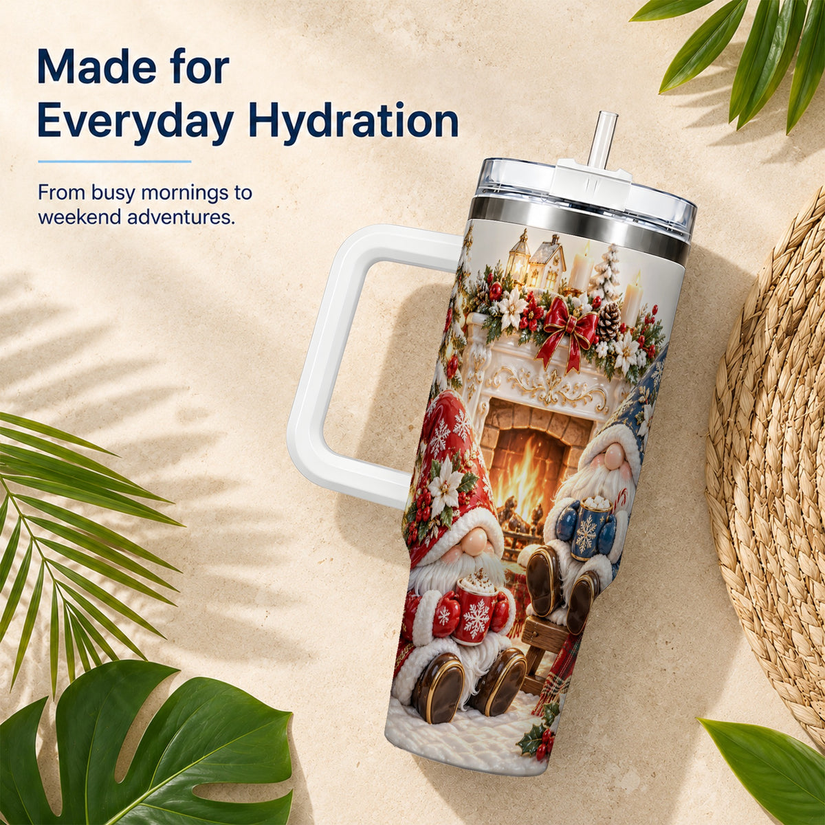 Christmas Gnome 40oz Tumbler with Handle, Holiday Fireplace Travel Cup