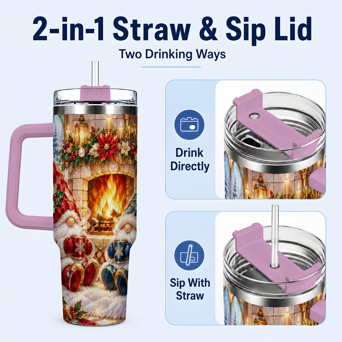 #pl[40oz|Pink] Christmas Gnome Tumbler 40oz, Winter Tumbler, Stainless Steel Travel Cup
