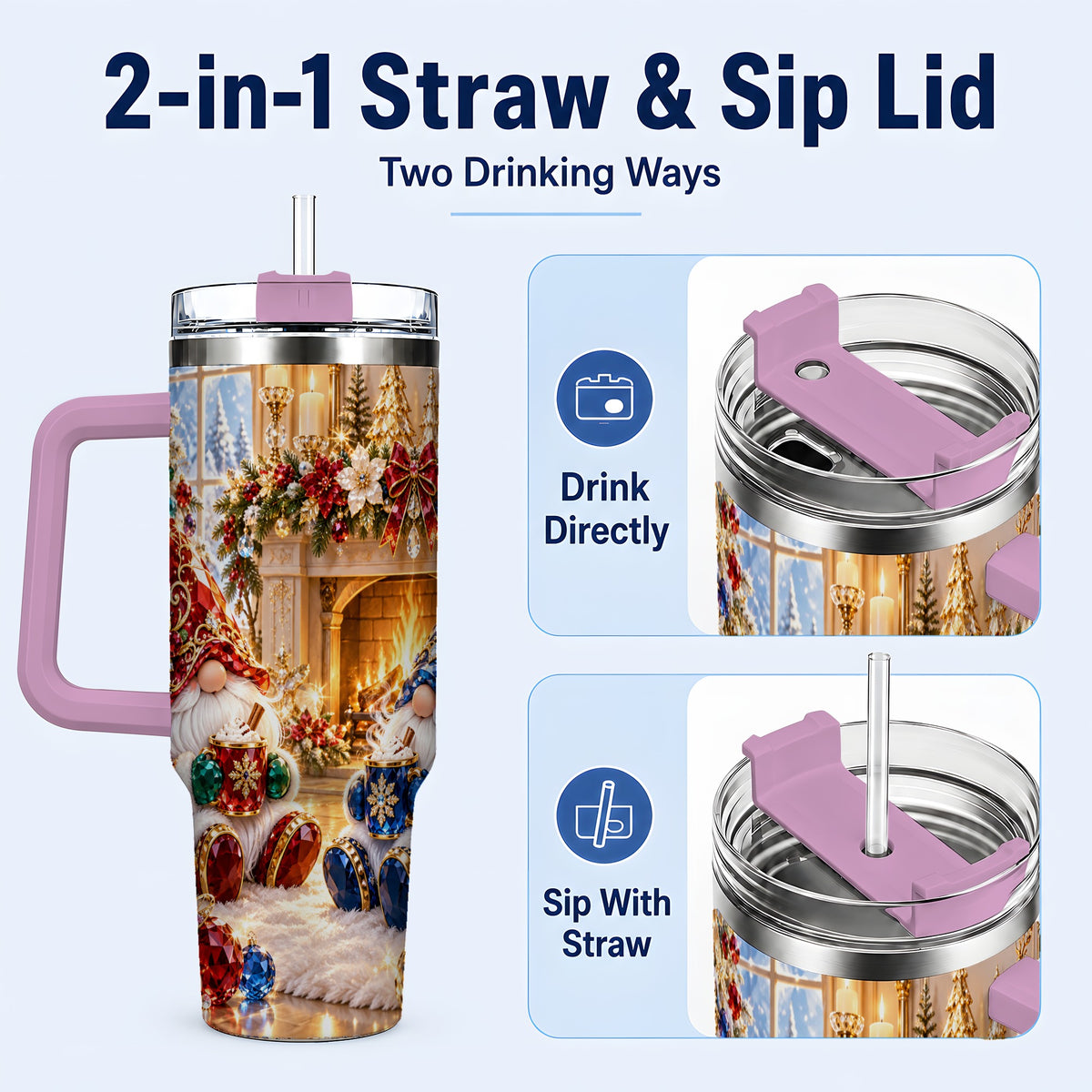 #pl[40oz|Pink] Gemstone Gnome Tumbler 40oz, Holiday Tumbler, Stainless Steel Travel Cup