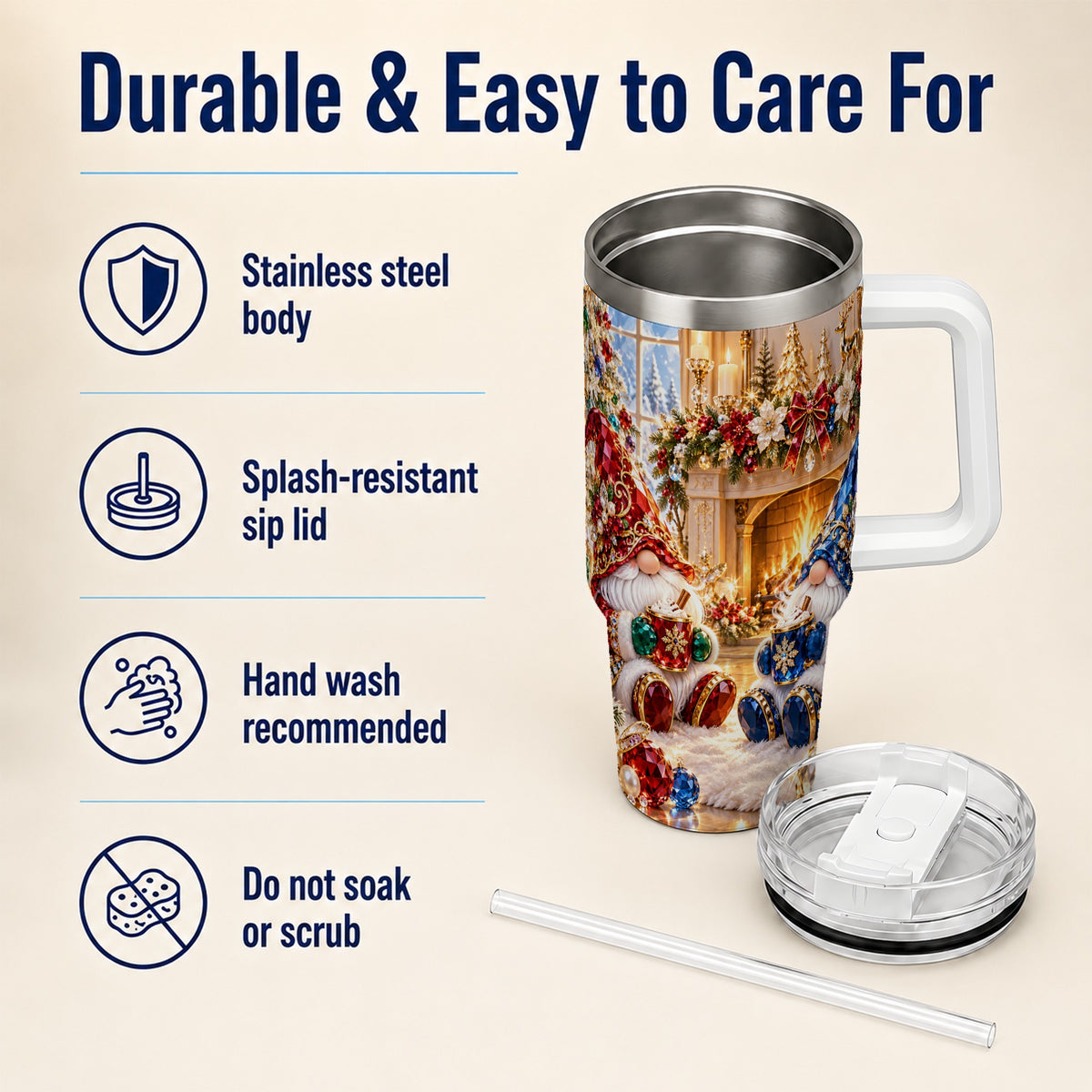 Gemstone Gnome Tumbler 40oz, Holiday Tumbler, Stainless Steel Travel Cup