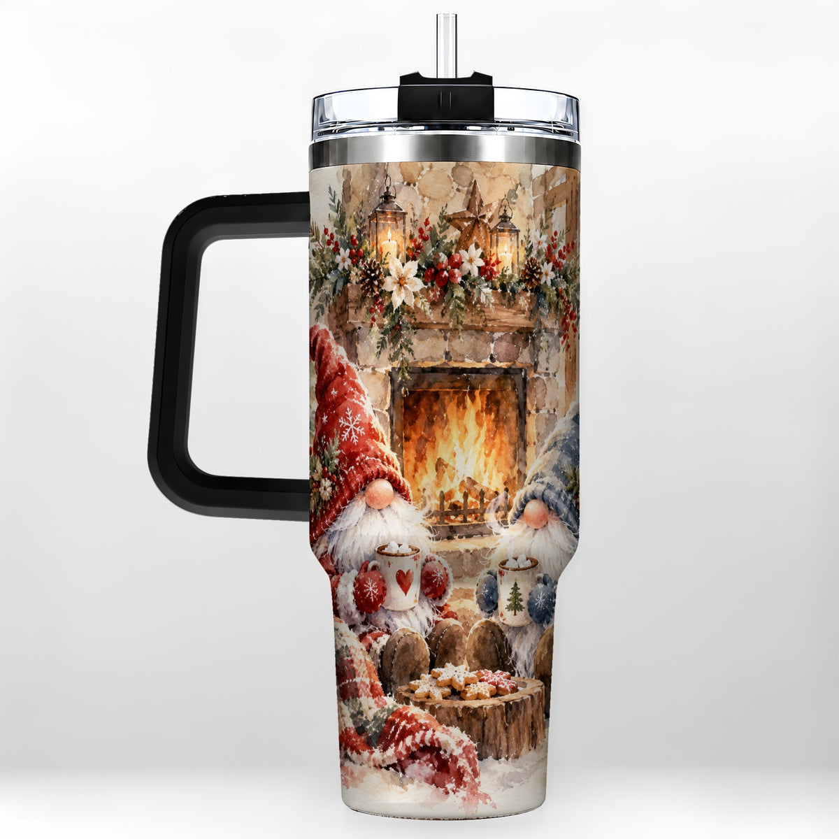 #pl[40oz|Black] Watercolor Gnome Tumbler 40oz, Winter Tumbler, Stainless Steel Travel Cup