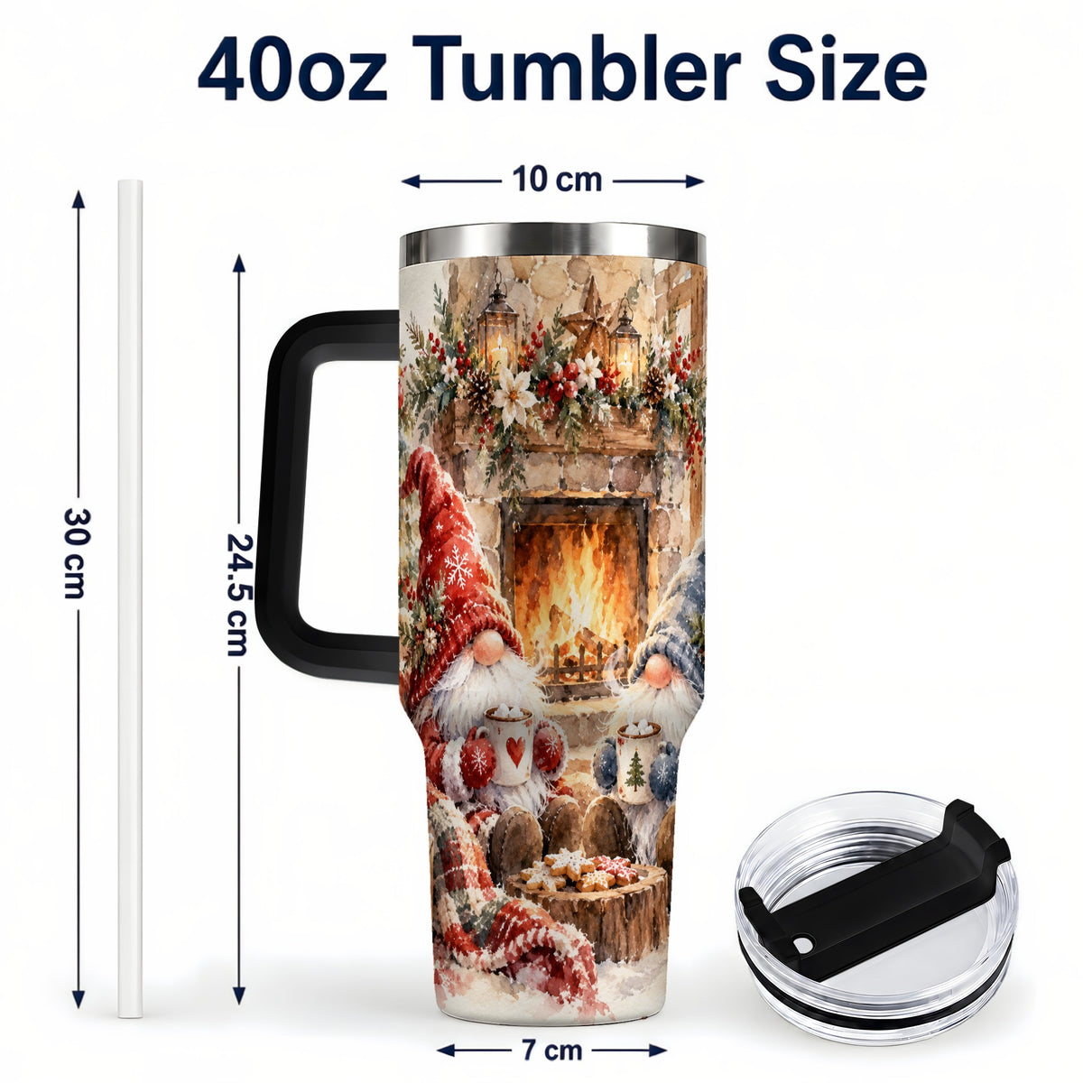 #pl[40oz|Black] Watercolor Gnome Tumbler 40oz, Winter Tumbler, Stainless Steel Travel Cup