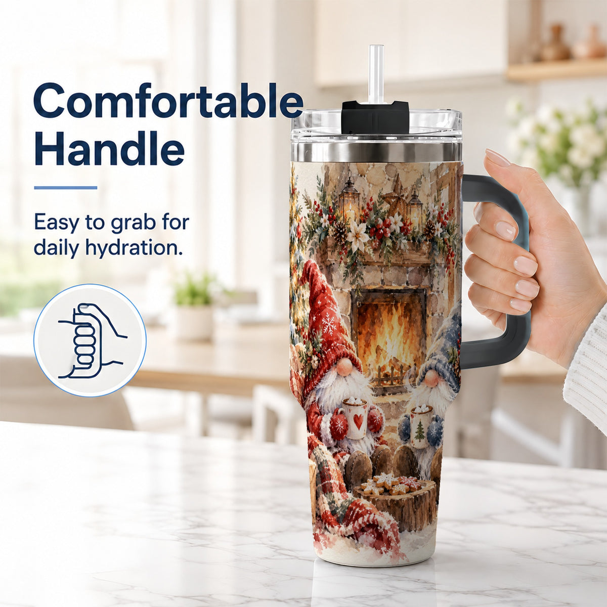 #pl[40oz|Black] Watercolor Gnome Tumbler 40oz, Winter Tumbler, Stainless Steel Travel Cup