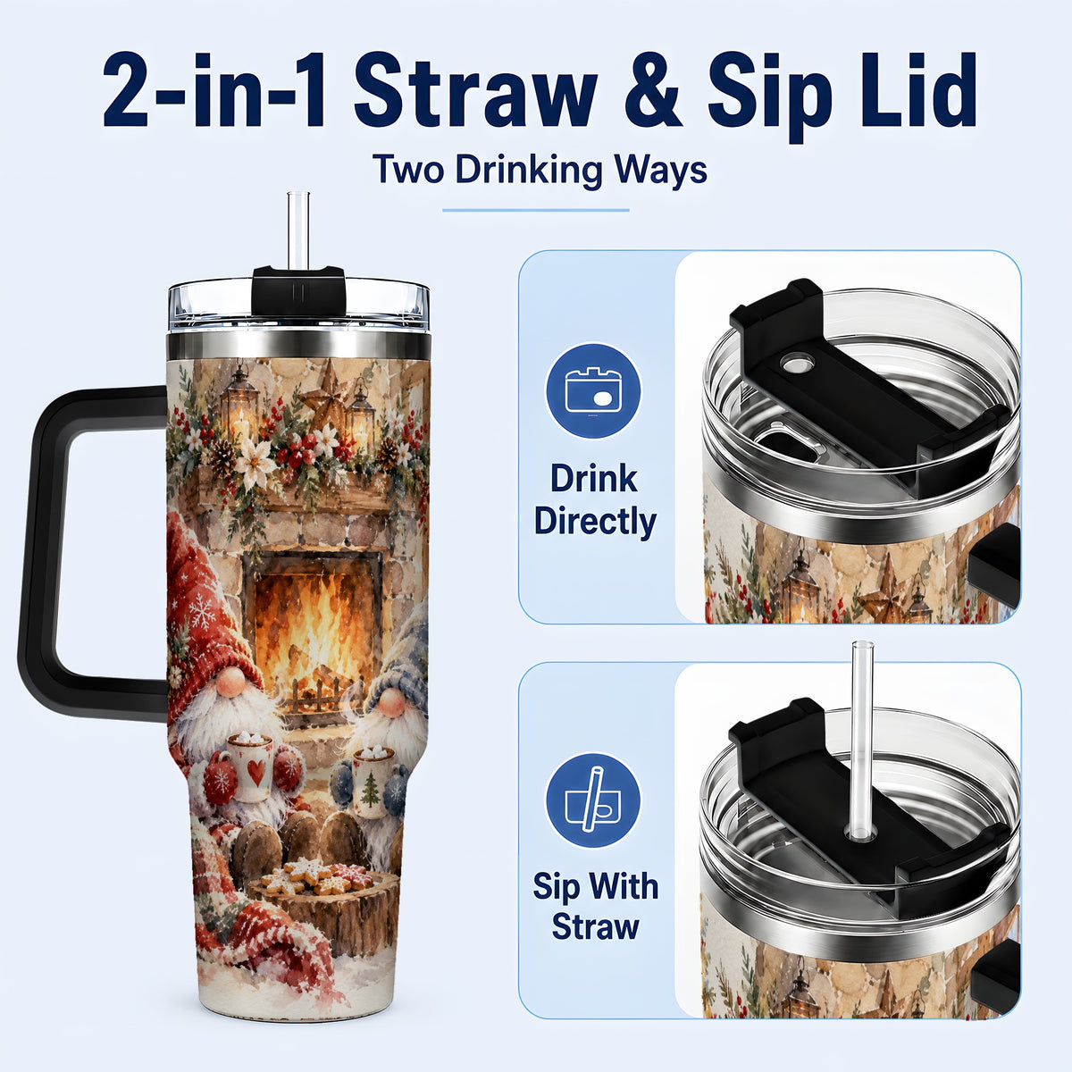 #pl[40oz|Black] Watercolor Gnome Tumbler 40oz, Winter Tumbler, Stainless Steel Travel Cup