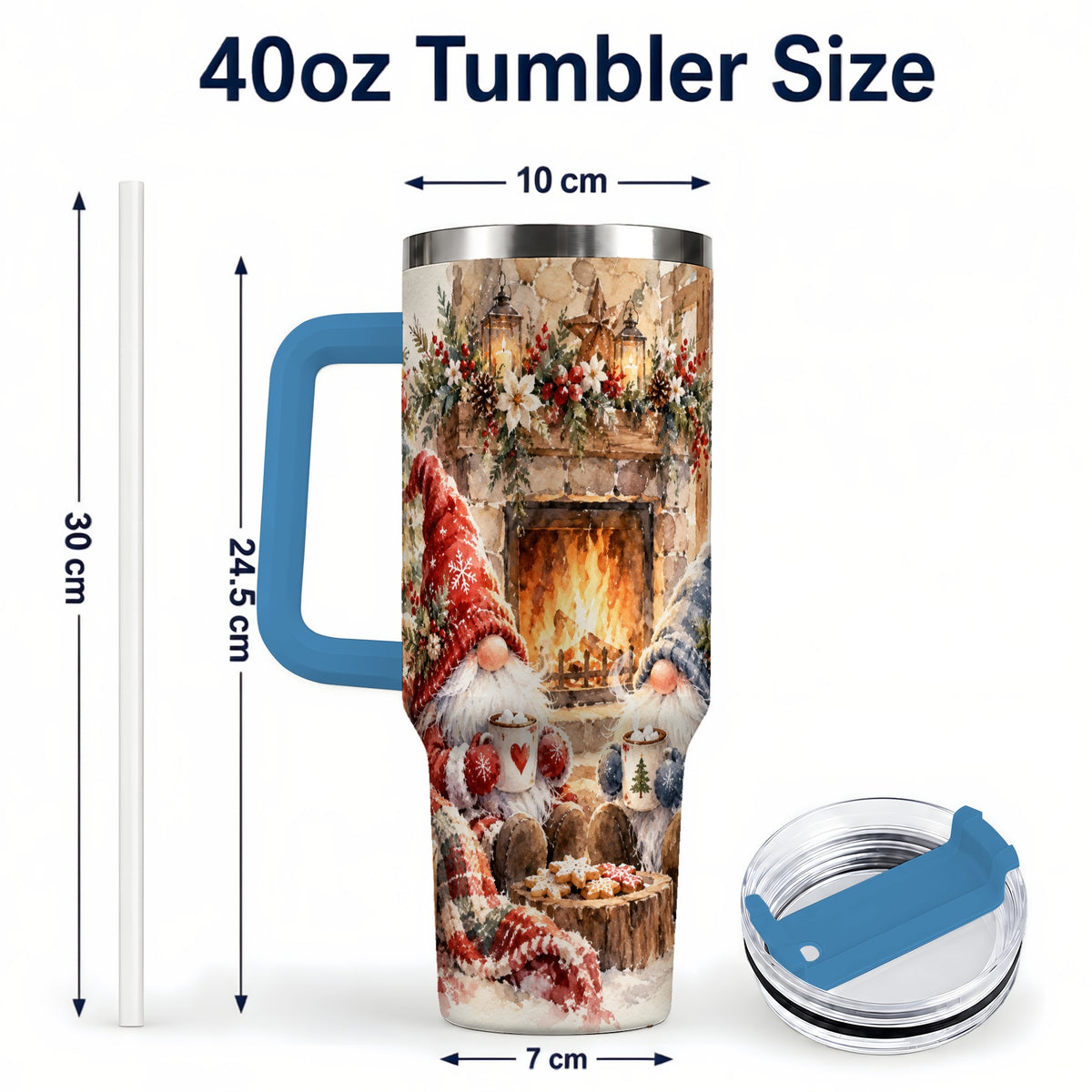 #pl[40oz|Blue] Watercolor Gnome Tumbler 40oz, Winter Tumbler, Stainless Steel Travel Cup