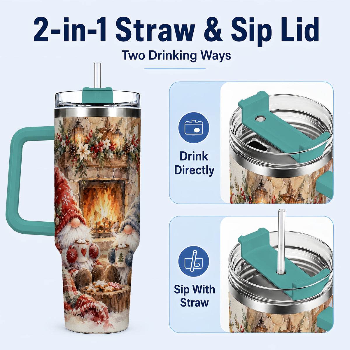 #pl[40oz|Green] Watercolor Gnome Tumbler 40oz, Winter Tumbler, Stainless Steel Travel Cup