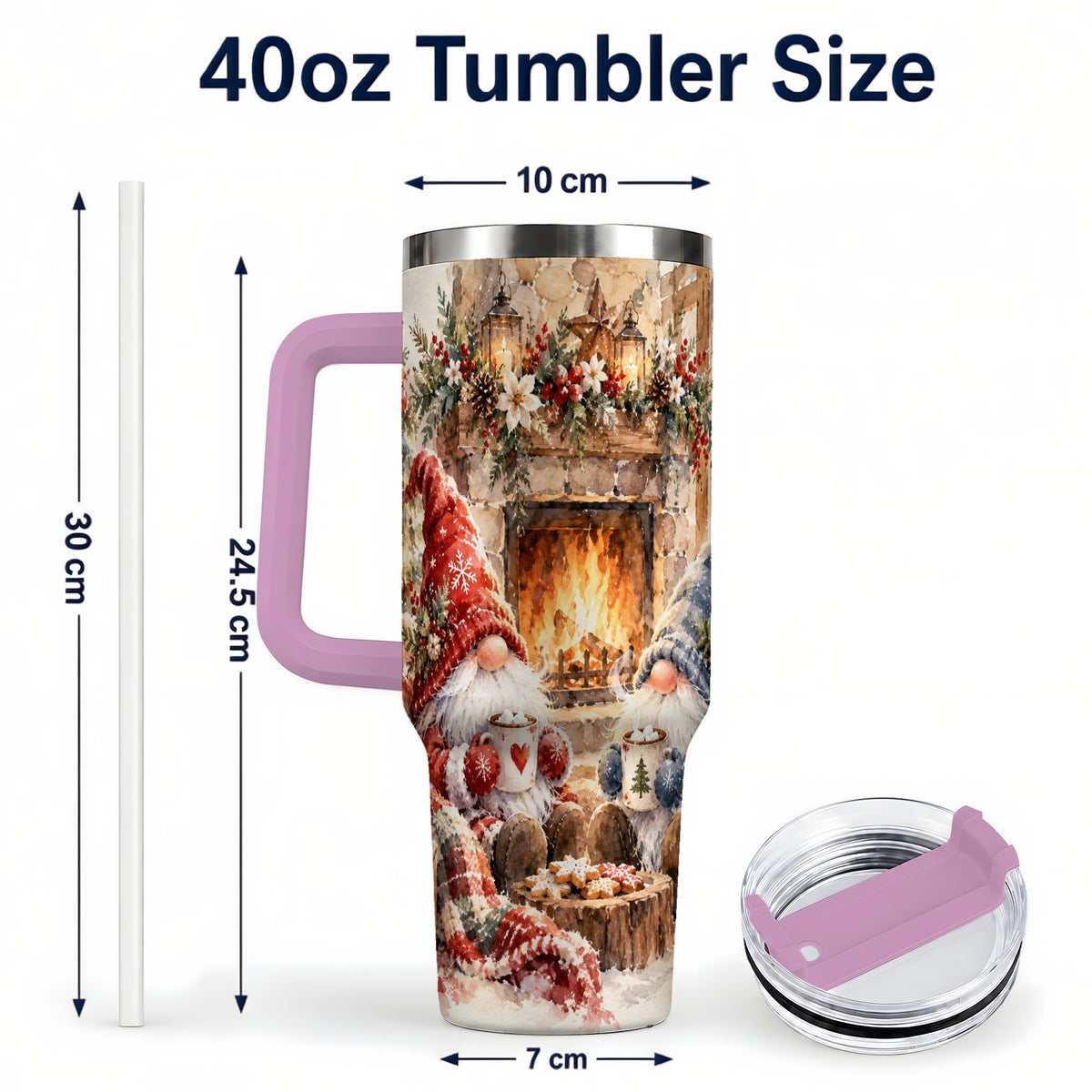 #pl[40oz|Pink] Watercolor Gnome Tumbler 40oz, Winter Tumbler, Stainless Steel Travel Cup