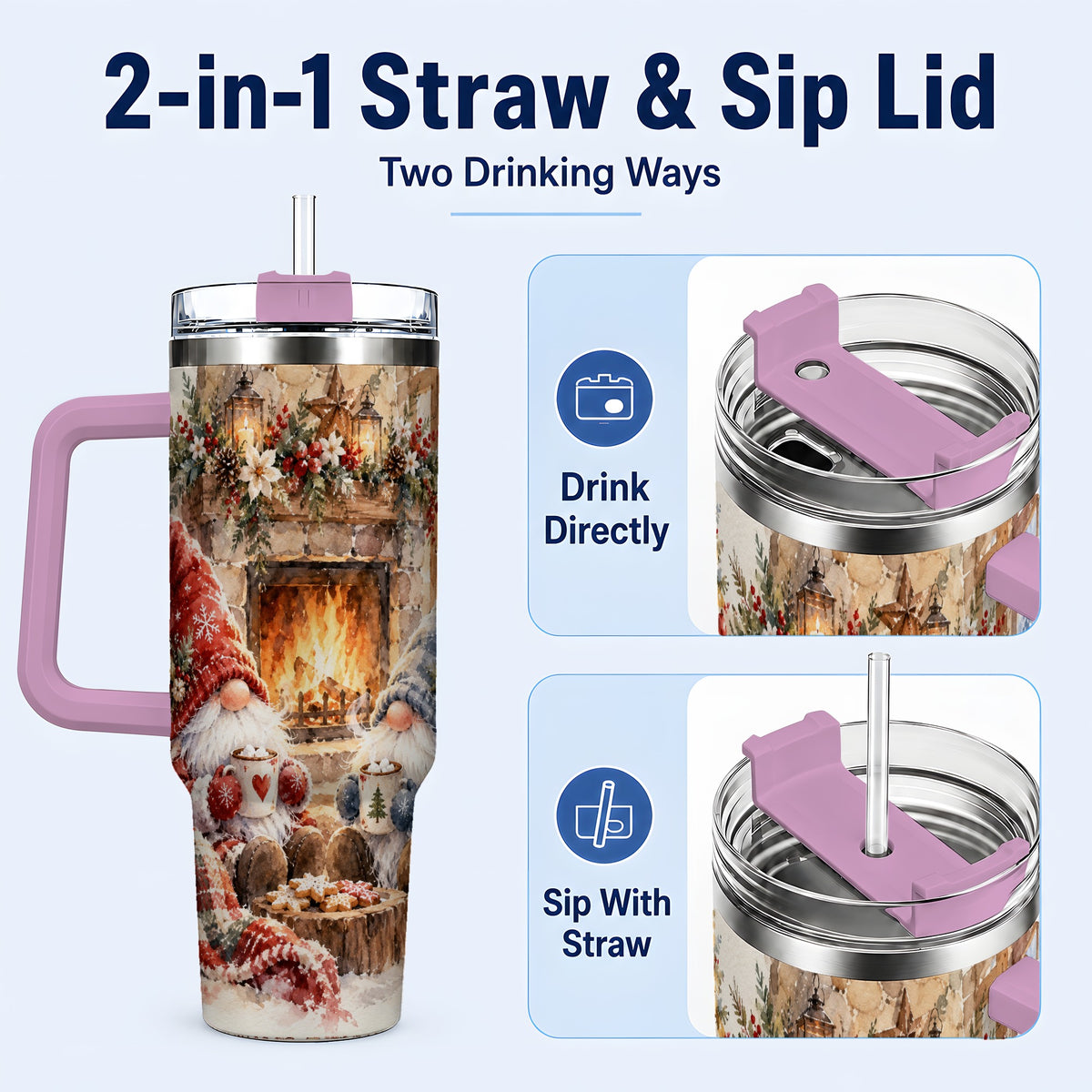 #pl[40oz|Pink] Watercolor Gnome Tumbler 40oz, Winter Tumbler, Stainless Steel Travel Cup