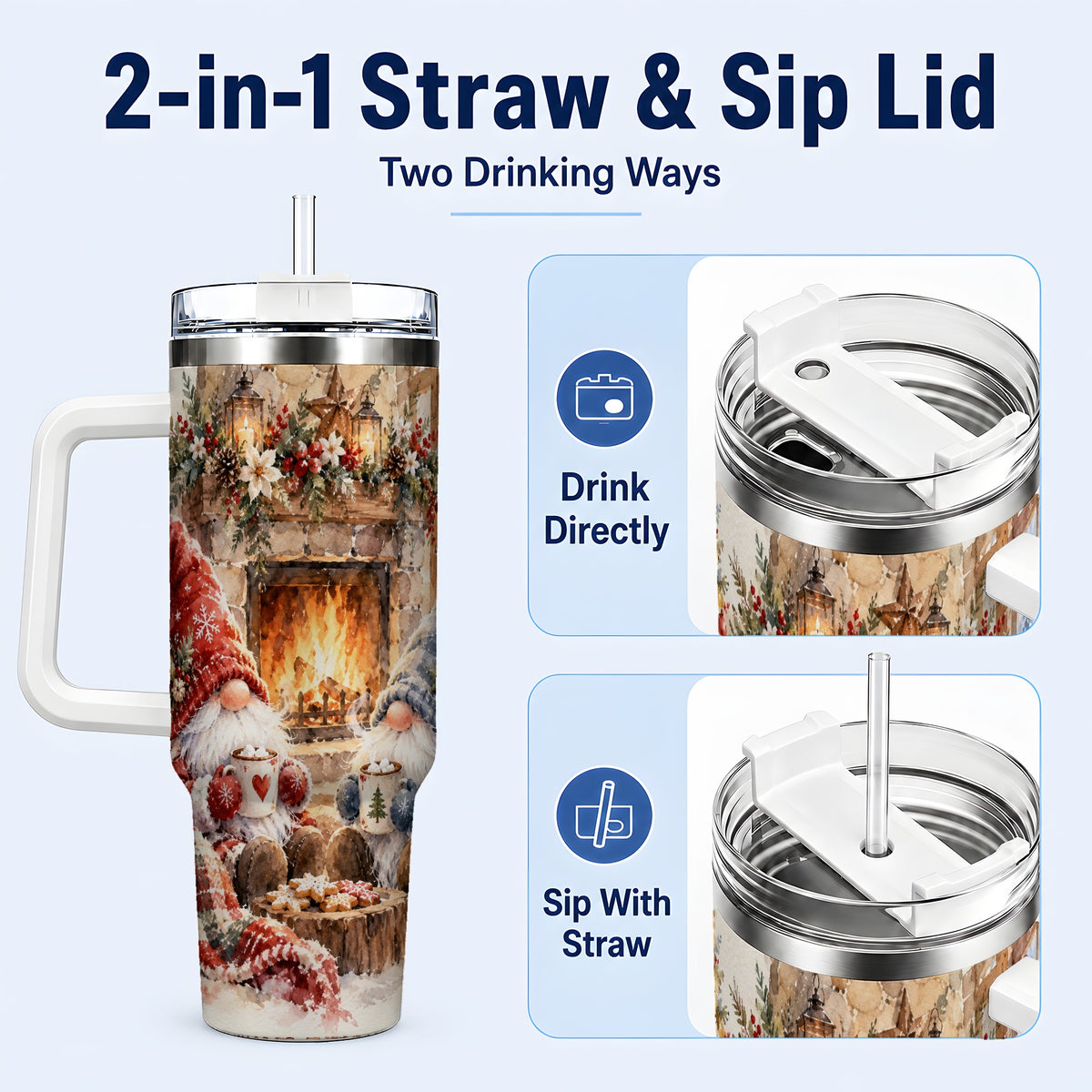#pl[40oz|White] Watercolor Gnome Tumbler 40oz, Winter Tumbler, Stainless Steel Travel Cup