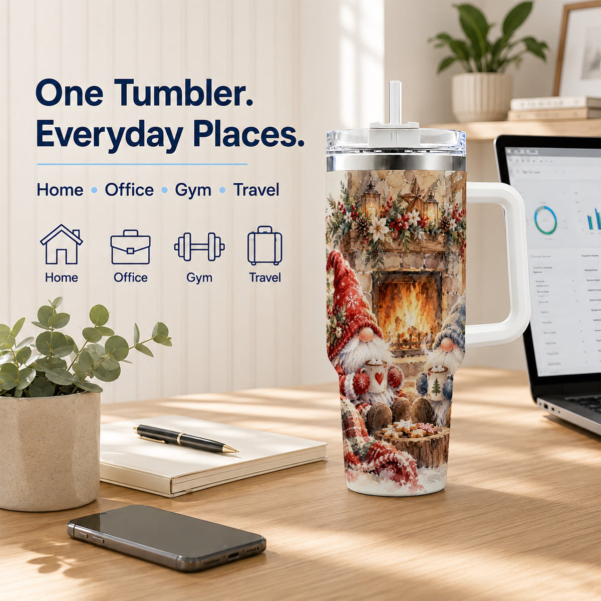 Watercolor Gnome Tumbler 40oz, Winter Tumbler, Stainless Steel Travel Cup