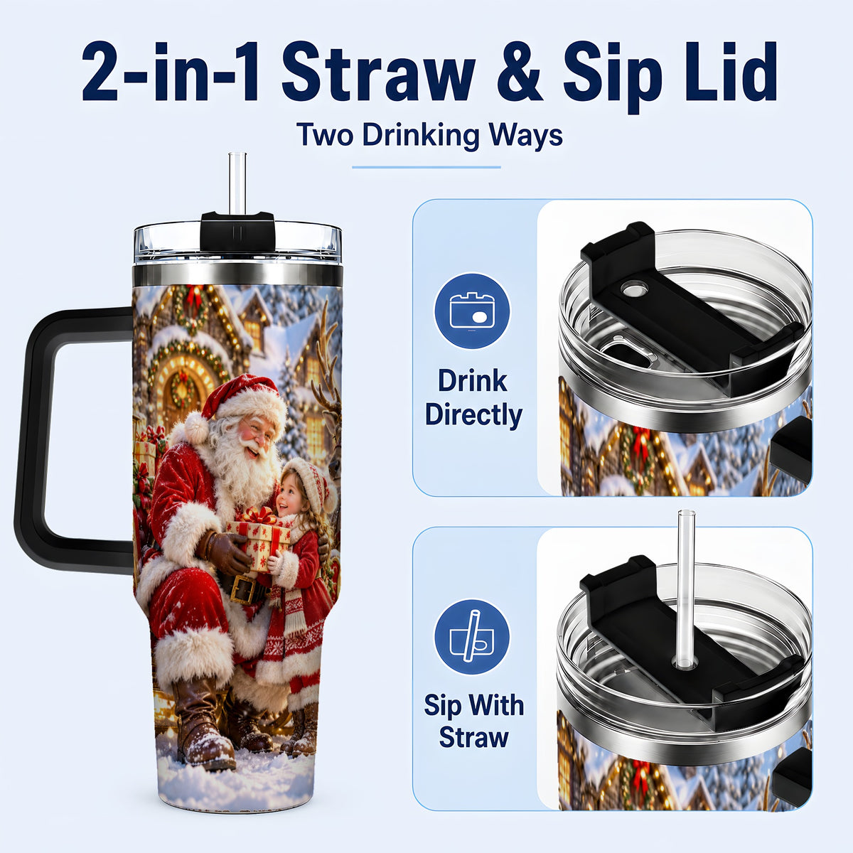 #pl[40oz|Black] Santa Reindeer Tumbler 40oz, Christmas Tumbler, Stainless Steel Travel Cup