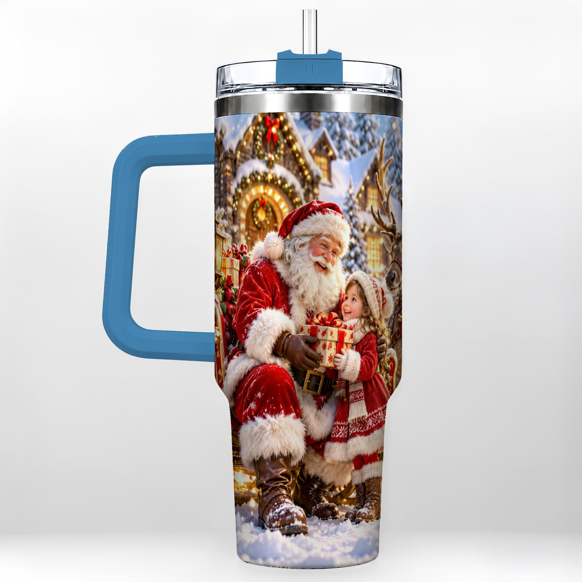 #pl[40oz|Blue] Santa Reindeer Tumbler 40oz, Christmas Tumbler, Stainless Steel Travel Cup
