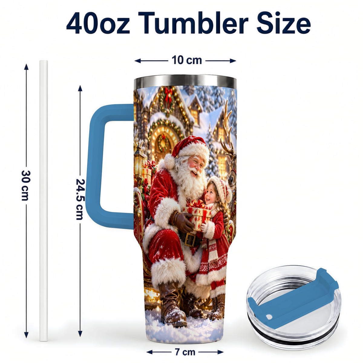 #pl[40oz|Blue] Santa Reindeer Tumbler 40oz, Christmas Tumbler, Stainless Steel Travel Cup