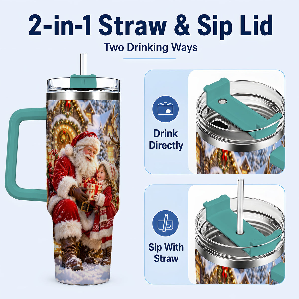 #pl[40oz|Green] Santa Reindeer Tumbler 40oz, Christmas Tumbler, Stainless Steel Travel Cup