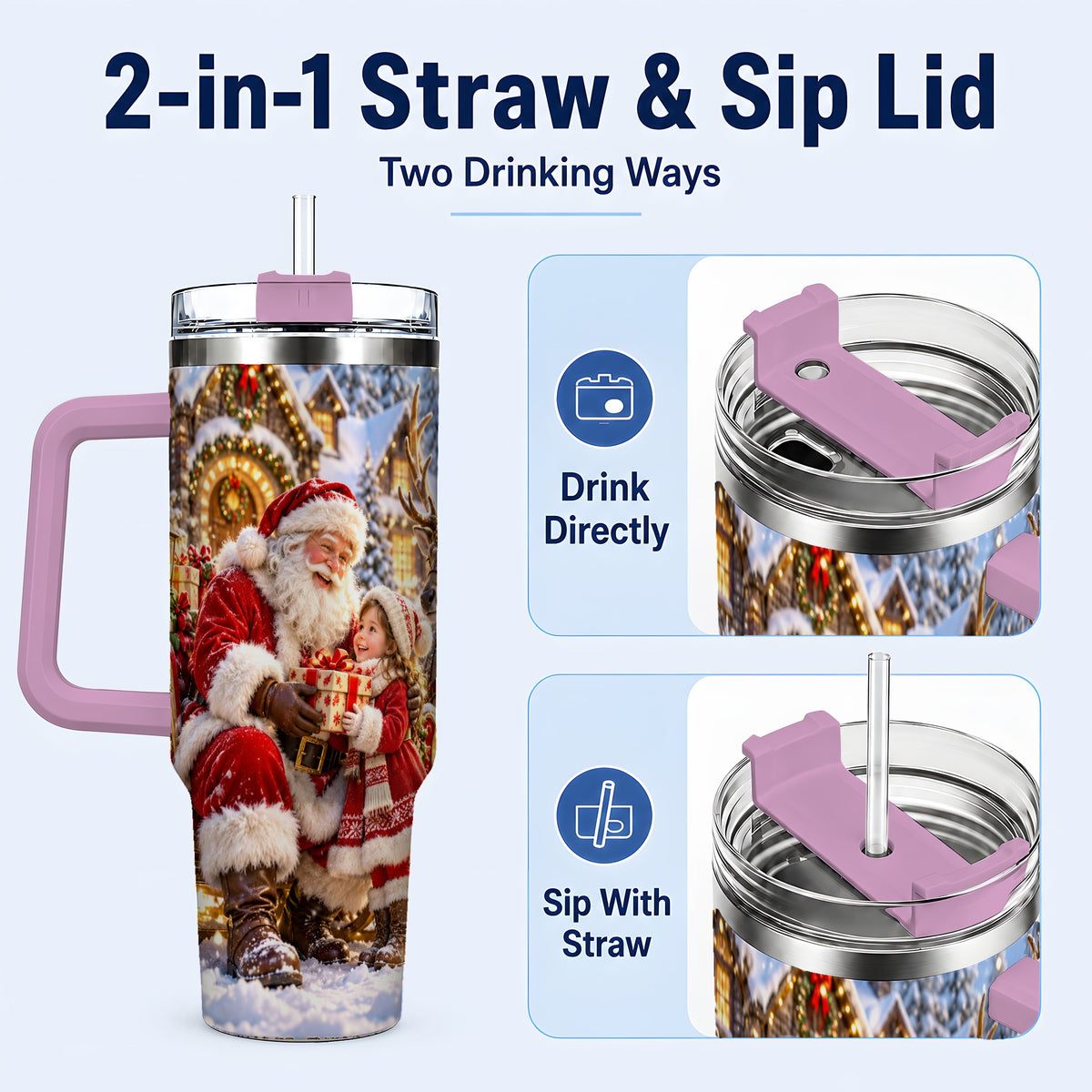 #pl[40oz|Pink] Santa Reindeer Tumbler 40oz, Christmas Tumbler, Stainless Steel Travel Cup