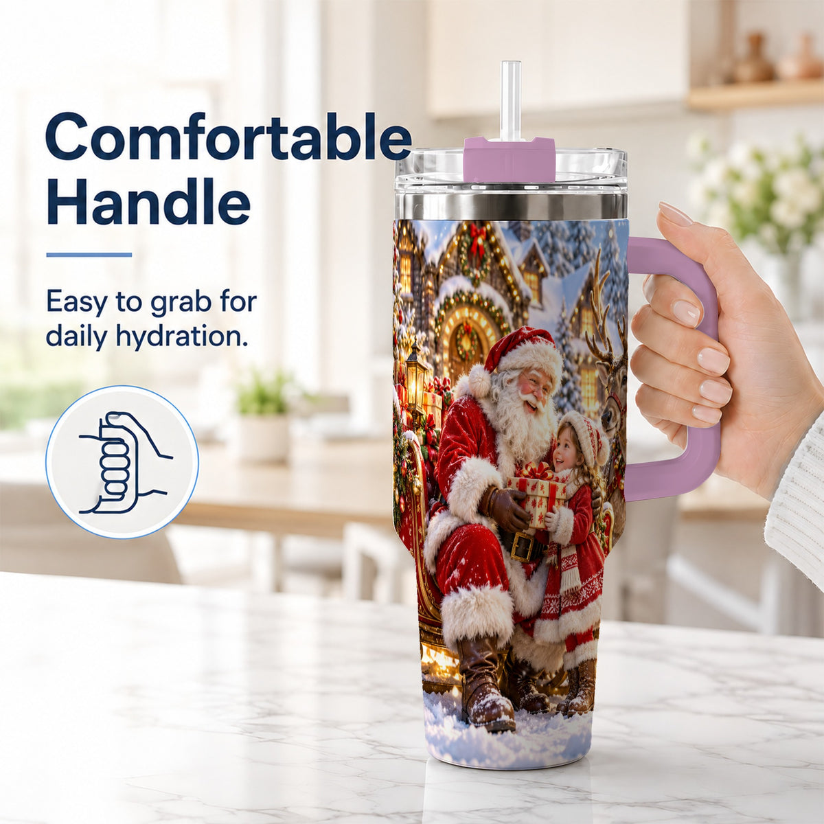 #pl[40oz|Pink] Santa Reindeer Tumbler 40oz, Christmas Tumbler, Stainless Steel Travel Cup