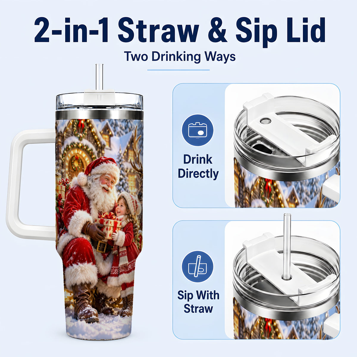 #pl[40oz|White] Santa Reindeer Tumbler 40oz, Christmas Tumbler, Stainless Steel Travel Cup